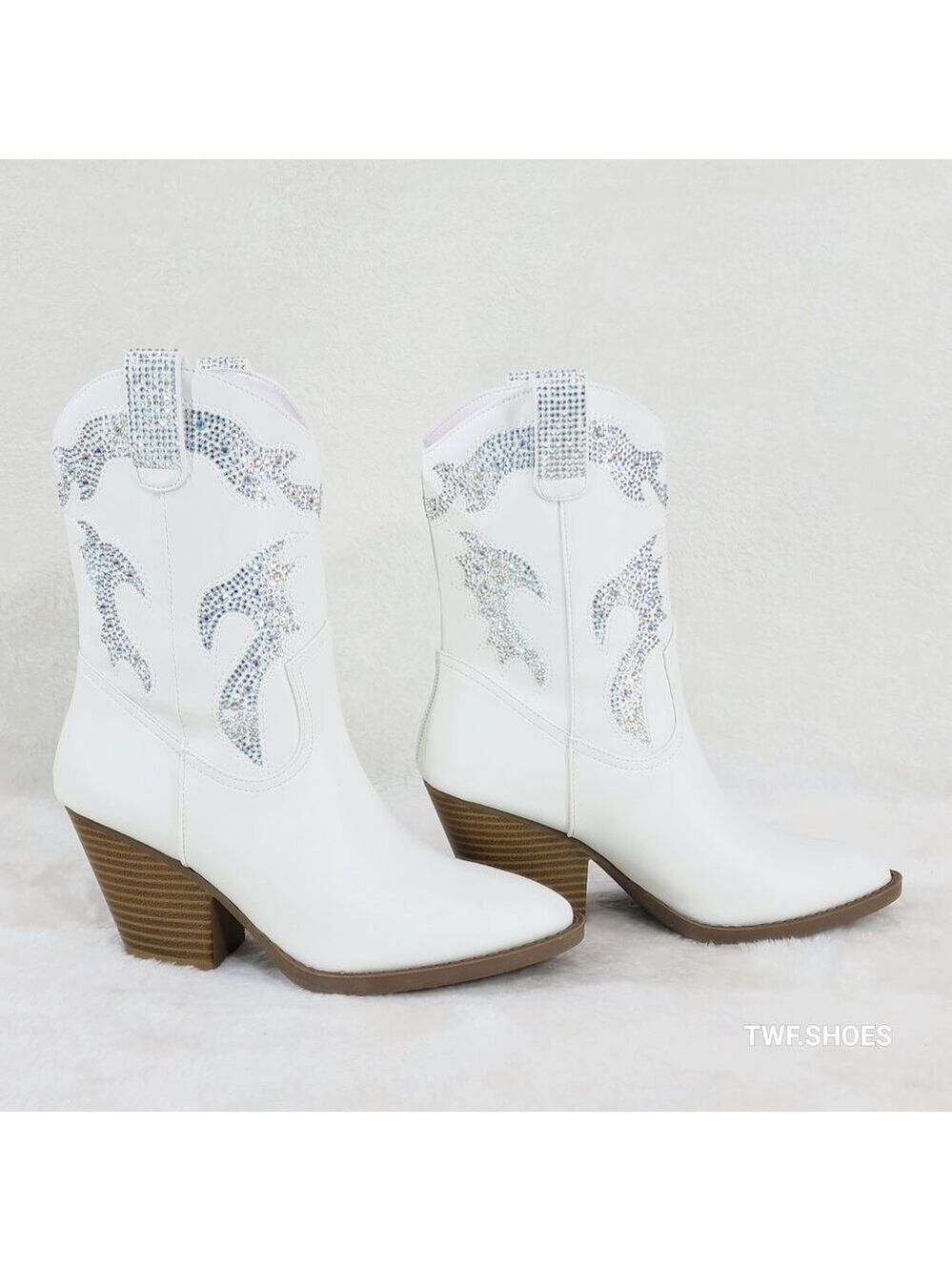 Patty White Multi Sparkle Rhinestones Country Glam Western Cowgirl Ankle Boots - Picture 4 of 8